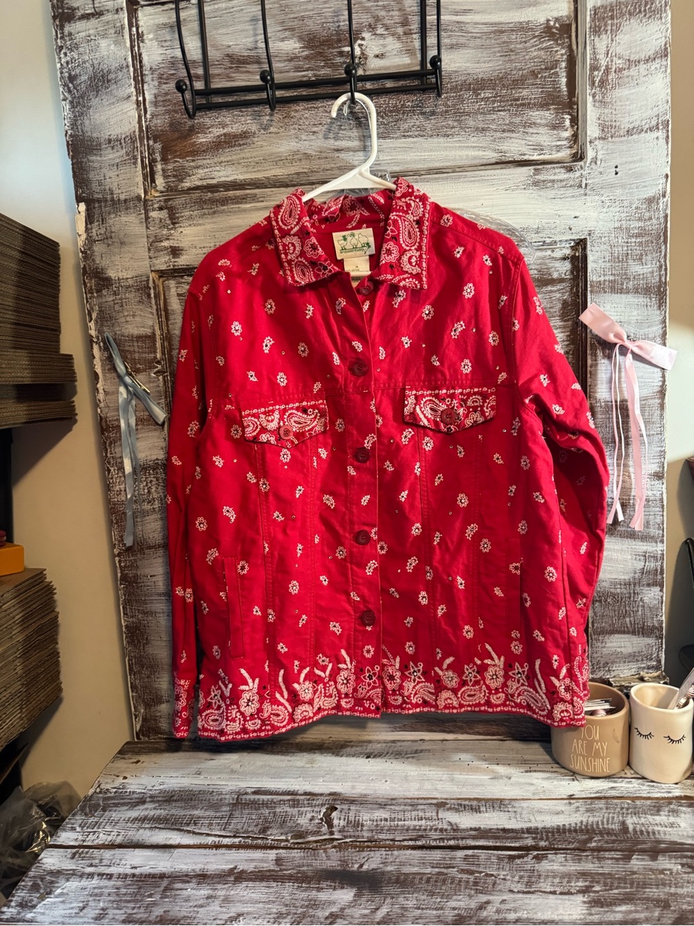 Red Bandana-Print Button-Down Shirt Jacket
